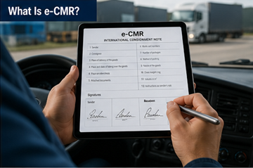 Documento CMR digital apresentado num tablet utilizado pelo condutor num ambiente de transporte logístico